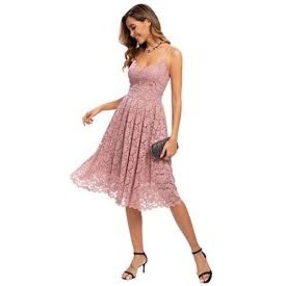 Elegant Pink Lace Midi Dress With Spaghetti‎ Straps & Back Zipper Closure Size M - Picture 2 of 6